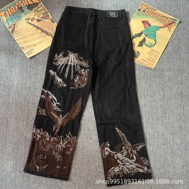Vescartes American Retro Eclipse Fallen Angel Embroidered Jeans Loose High Street Wide-Leg Pants Men's Trendy