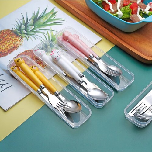 Ins high-quality cartoon animal knife, fork, spoon set imitation ceramic gift box tableware for students, adults, home use 410 stainless steel
