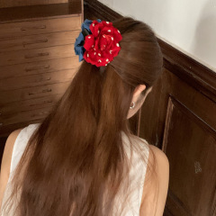 经典双拼红波点牛仔花朵抓夹复古AB面鲨鱼夹后脑勺盘发夹半扎发卡