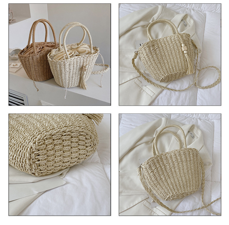 Straw Solid Color Fashion Weave Soft Surface Bucket Type String Bucket Bag display picture 2