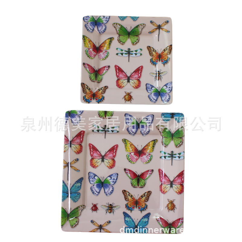 Butterfly design American dish square plate foreign trade melamine imitation porcelain plastic square plate Butterfly design American dish square plate foreign trade melamine imitation porcelain plastic square plate
