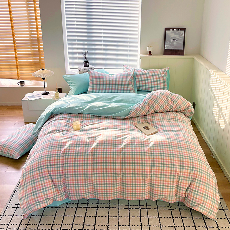 Juego de tres piezas de algodón lavado teñido en hilo, dormitorio de estudiantes universitarios, juego de literas, sábana, sábana, sábana, juego de cuatro piezas