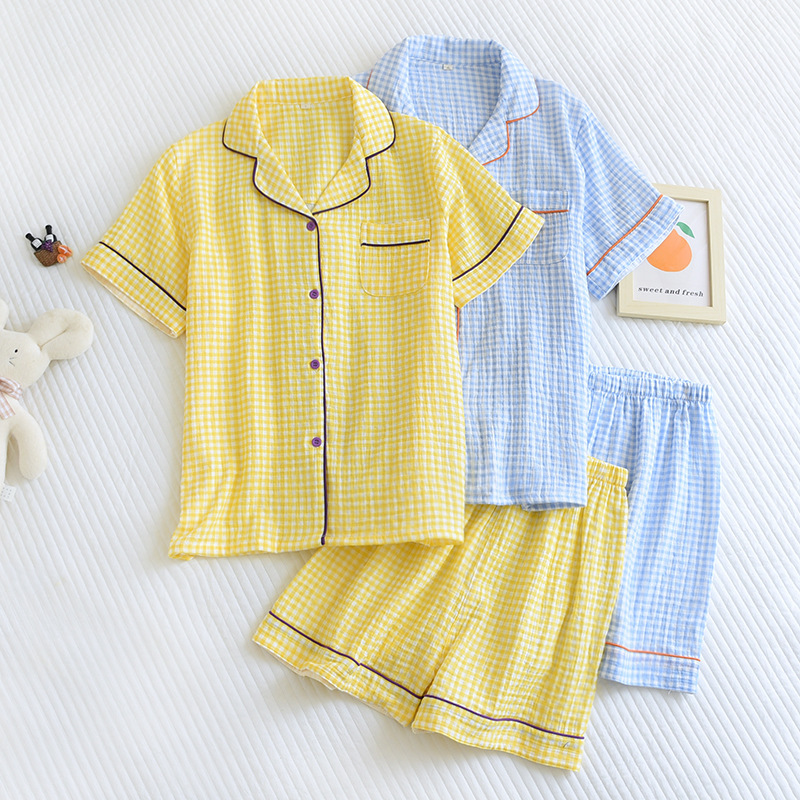Pajamas Set Women's Cotton Crepe Plaid Short Summer Plaid Suit Urban Simple Plaid Home Clothes