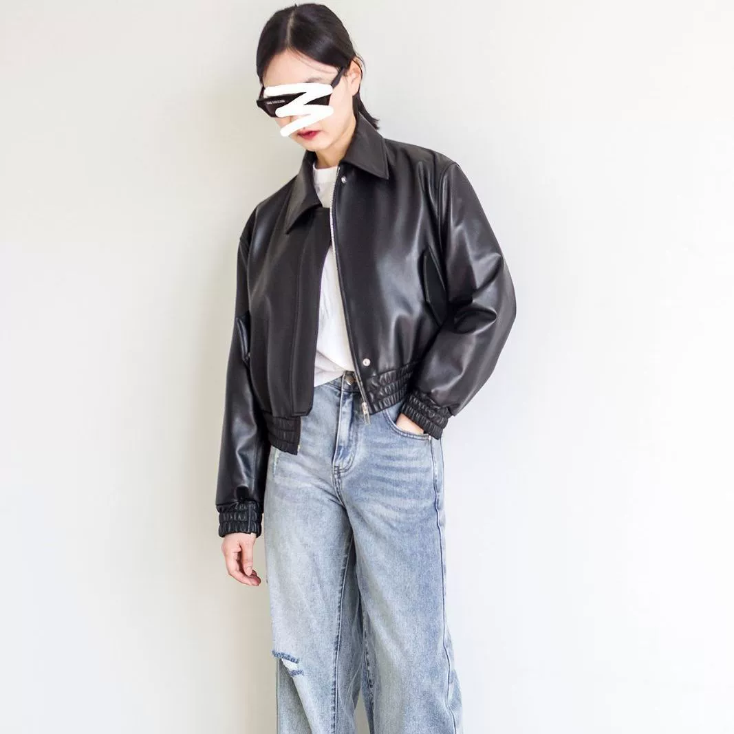 Пиджак короткий, натуральная кожа, oversize