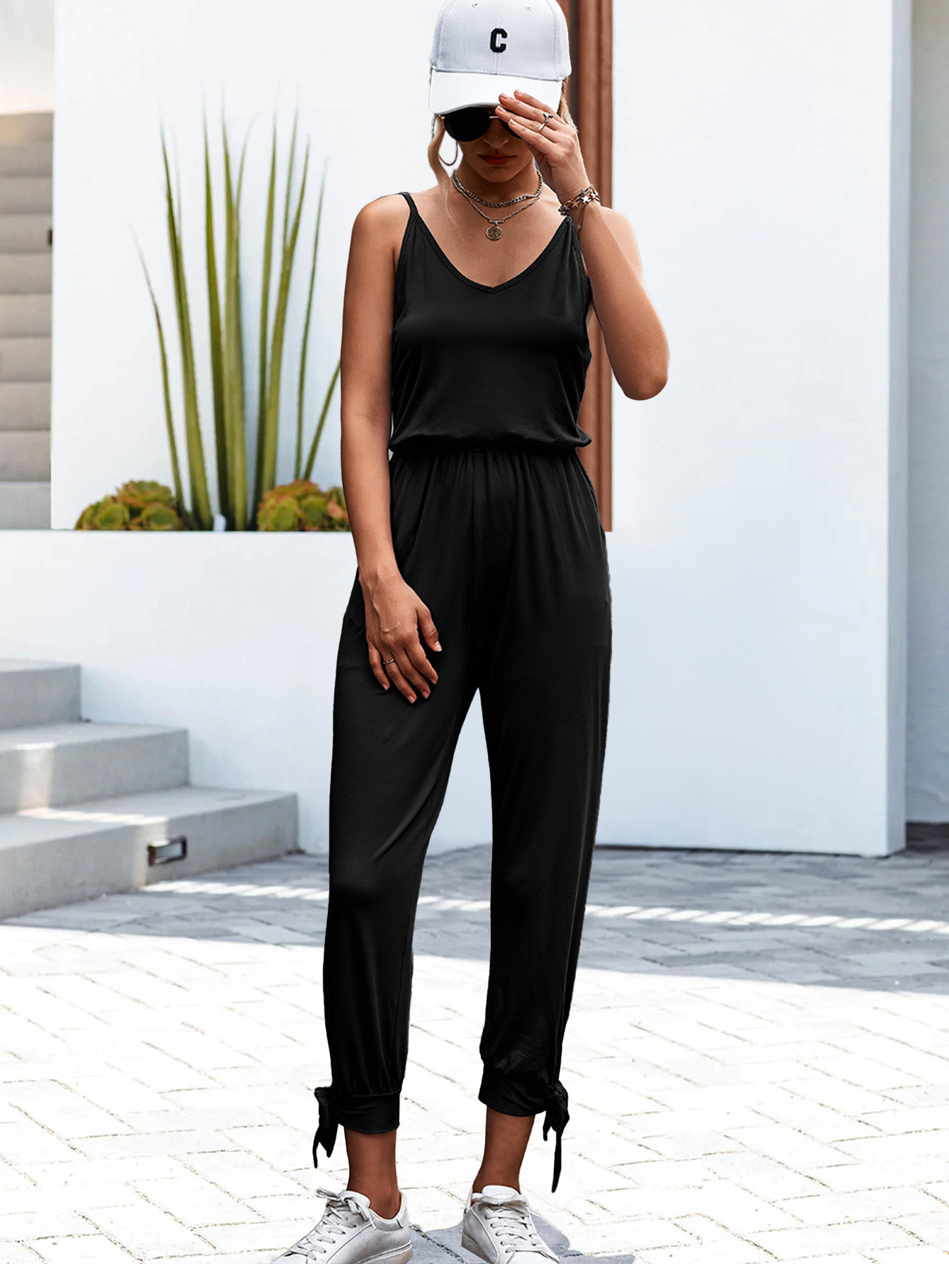 Spring Summer Solid Color Casual Hem Slit V neck Lace up Jumpsuit Trousers