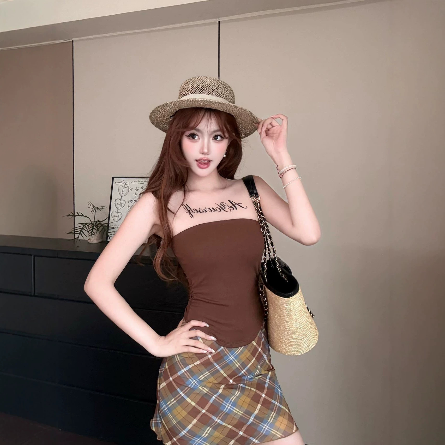 性感字母印花网纱拼接抹胸背心女夏季带胸垫时尚修身显瘦辣妹上衣