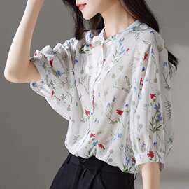 雪纺衫女七分袖夏季2023新款衬衫宽松小清新印花遮肚子显瘦上衣