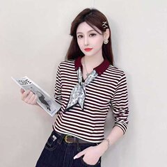 一件代发2025秋季新款时尚拼色丝巾条纹款长袖洋气内搭打底衫上衣