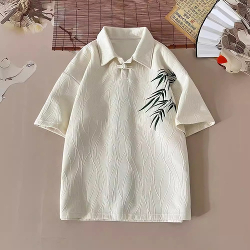 Modern Chinese Bamboo Embroidery Short-Sleeve T-Shirt for Men - Summer Casual Loose Trendy Hanfu Style Top