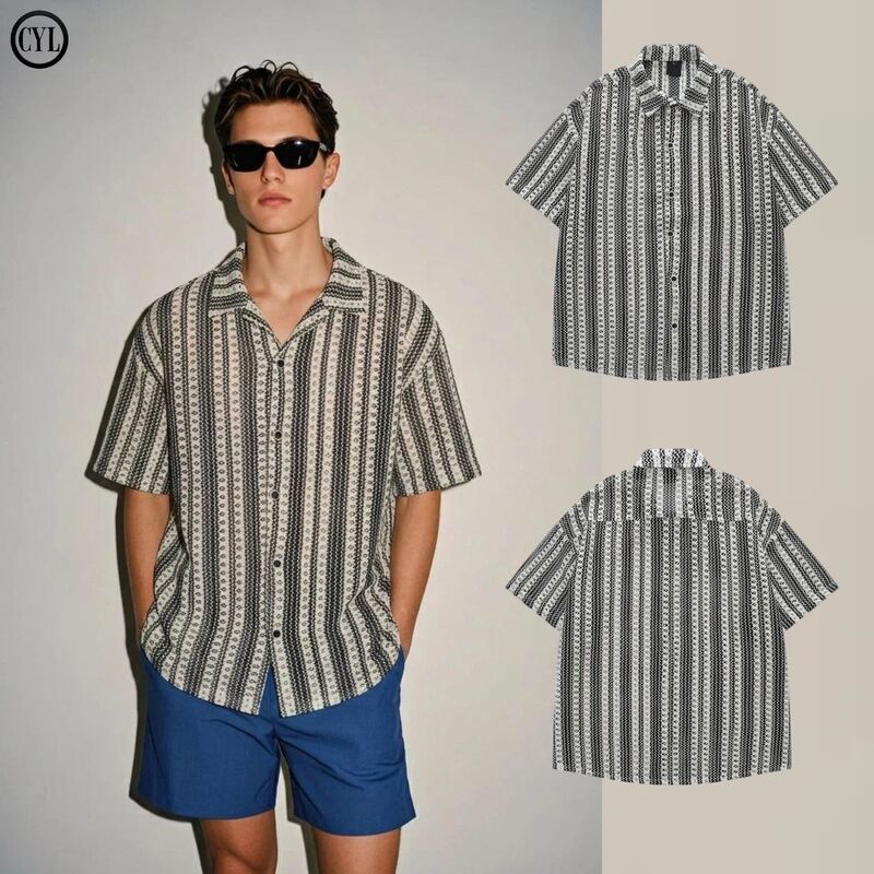 【CYL】Hong Kong-style retro casual short-sleeve shirt for men, unique design with a cool and stylish vibe, black and white striped hollow-out shirt 【CYL】Hong Kong-style retro casual short-sleeve shirt for men, unique design with a cool and stylish vibe, black and white striped hollow-out shirt