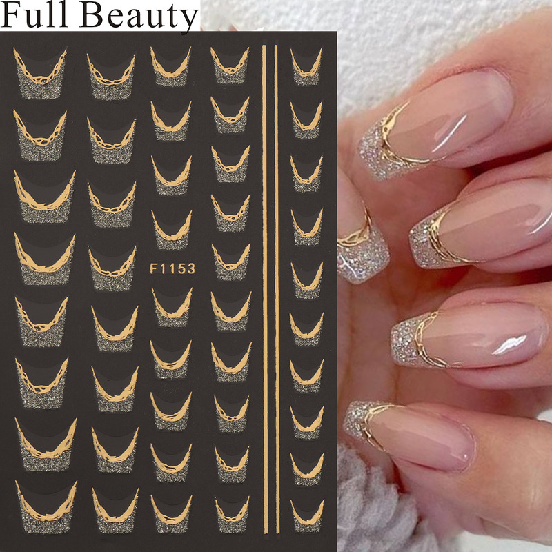 Fullbeauty Cross-Border New Nail Art Stickers with Gold-Edged Glitter Powder French Line Butterfly Flower Adhesive Nail Stickers