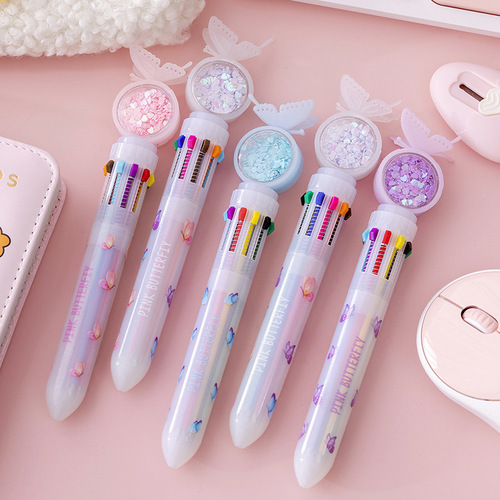 Cute girl ballpoint pen ten-color push-type multi-color in-one student-specific multi-functional handbook pen color oil pen