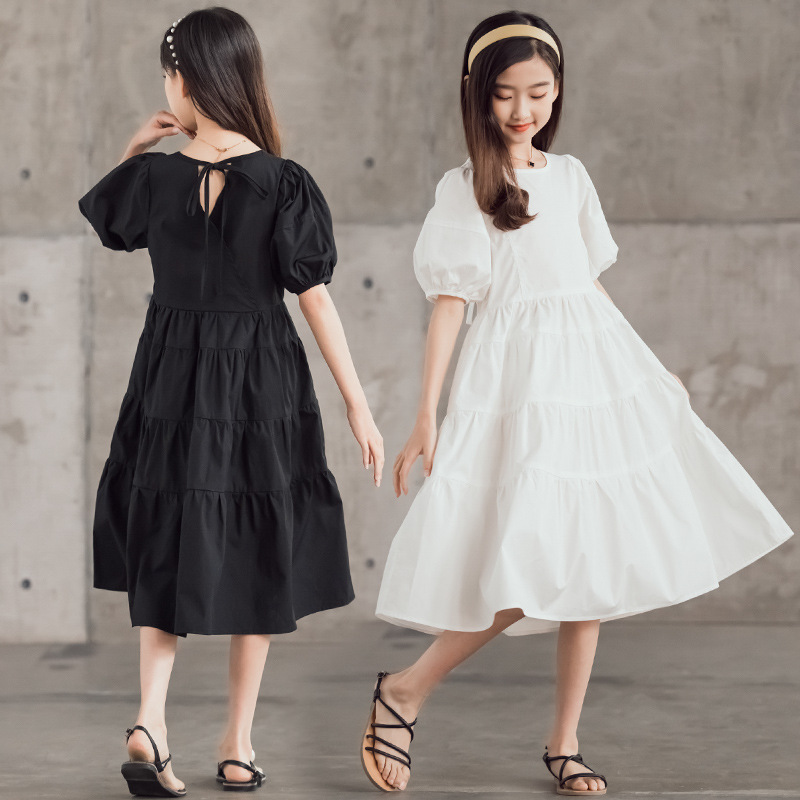 Girls' Dress Summer New Arrival 2023 Big Kids Bubble Sleeve Mid-Length Mori Style Cake Long Dress Family Dress Fashionable