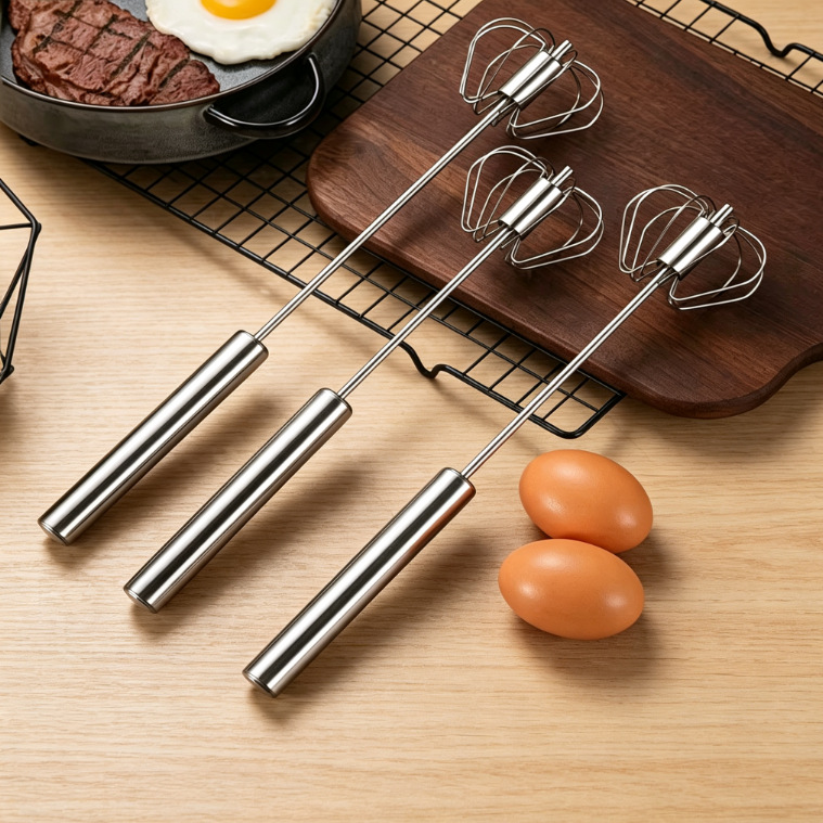 Stainless steel semi-automatic egg beater, manual press-and-rotate mixer, household and commercial egg and cream mixer