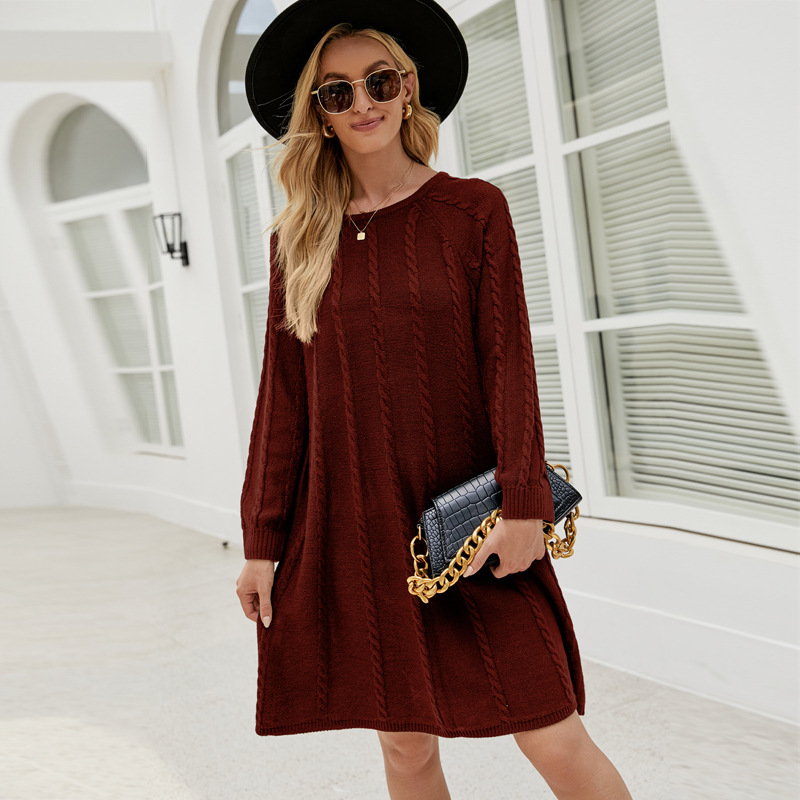 Comercio exterior transfronterizo popular Otoño e Invierno moda color sólido de suéter vestido largo cuello redondo torcido Vestido de punto de una línea