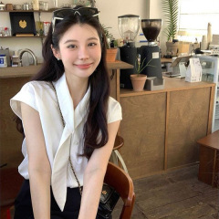 法式POLO领飘带设计感小众白色衬衫女夏气质衬衣显瘦短袖别致上衣