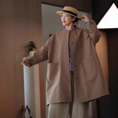 2025早秋外套风衣文艺亚麻棉中长款圆领宽松简约慵懒风外套C0907
