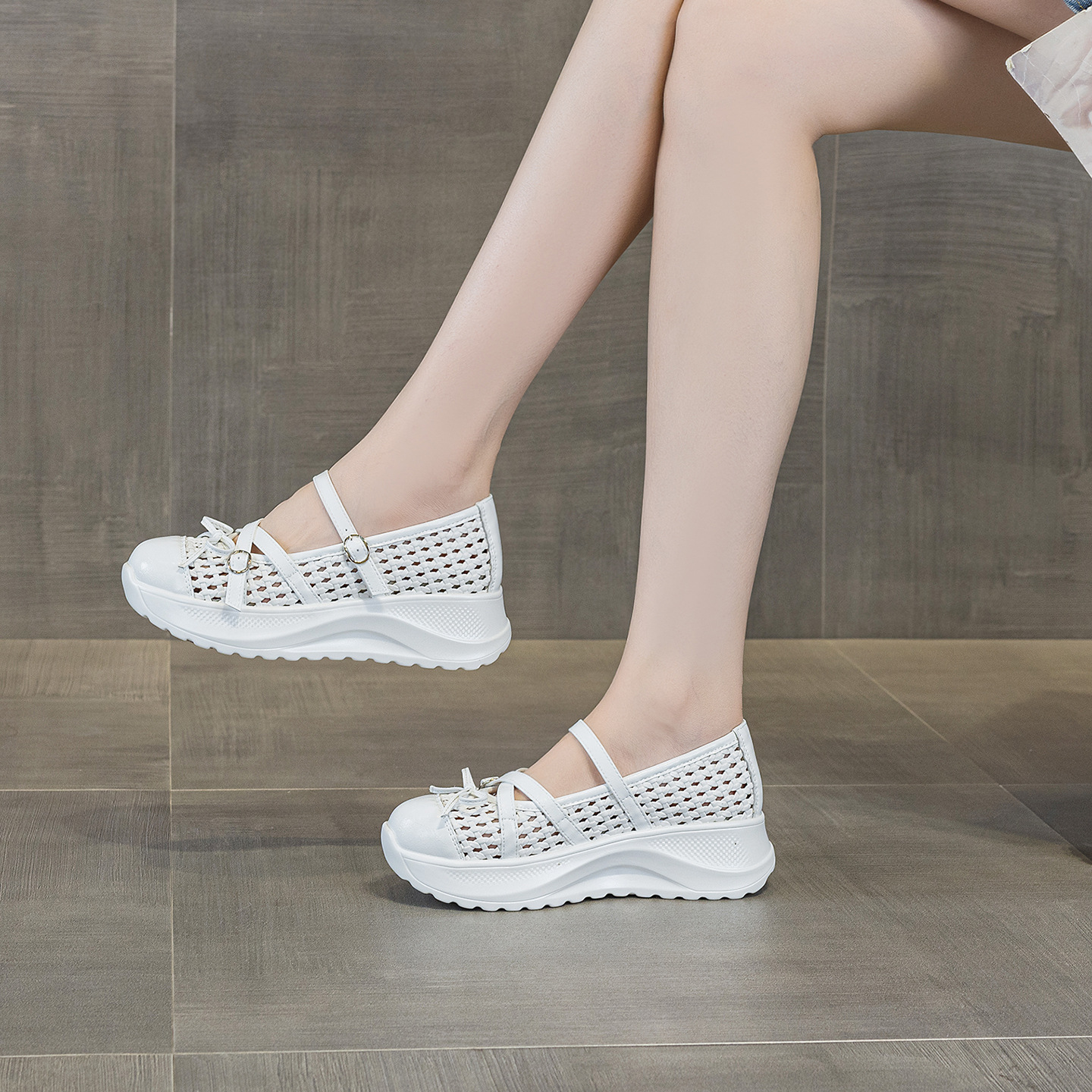 Giày sneaker nữ chunky đế dày dệt kim thoáng khí, phong cách Hàn Quốc, quai chéo, đế dày — Trắng 5097, Vàng 5097, Đen 5097