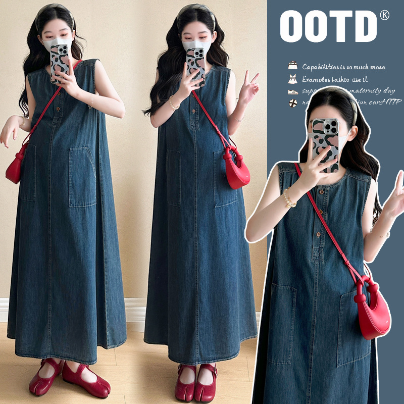 Summer design retro solid color denim dress for pregnant for leisure…