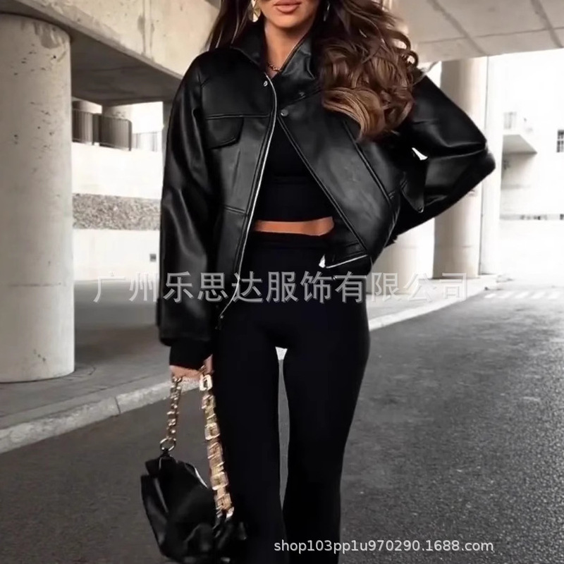 欧美跨境女装亚马逊独立站美式复古翻领气质休闲皮夹克皮衣外套女|undefined