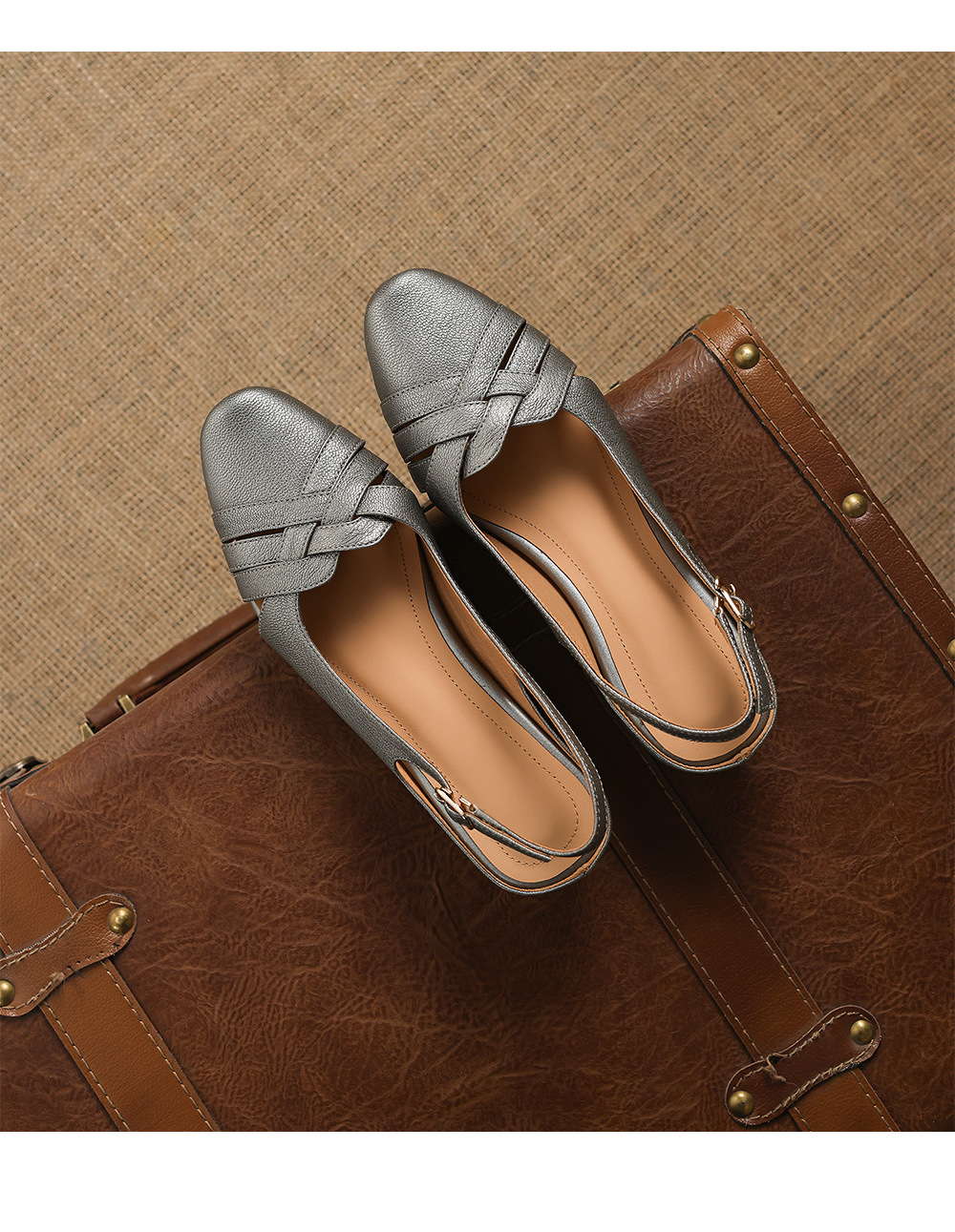 Sandal nữ mũi nhọn quai dệt gót thô 3.5 cm da cừu — Champagne màu chi tiết 20