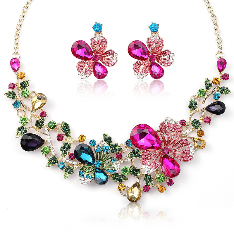 2022 New Color Flower European and American Necklace suit Women's Light Luxury Showy Bride Necklace Painted Oil Gem Clavicle Chain 2022 New Color Flower European and American Necklace suit Women's Light Luxury Showy Bride Necklace Painted Oil Gem Clavicle Chain