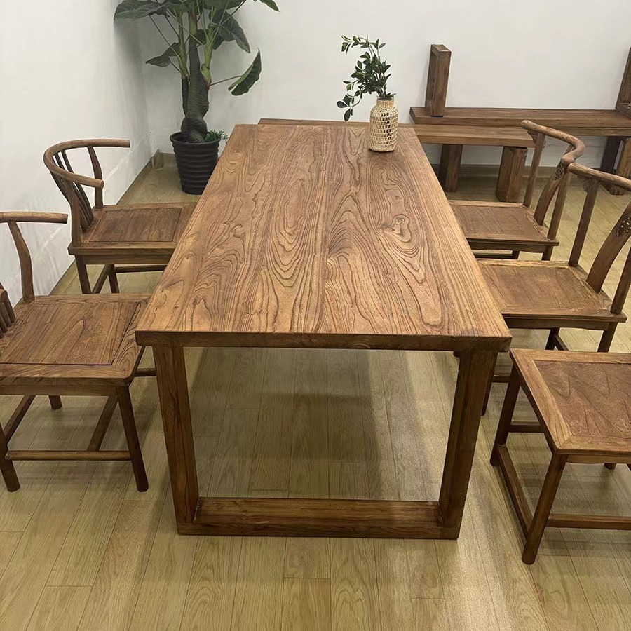 New Chinese Style Old Elm Large Board Table Home Dining Table Bar Table Workbench Office Learning Computer Desk Solid Wood Long Table