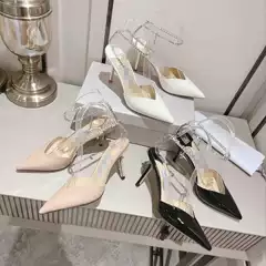 New Jimmy Chain Rhinestone One-Line Toe Sandals Women's Stiletto Pointed Toe Flats High Heels Sand