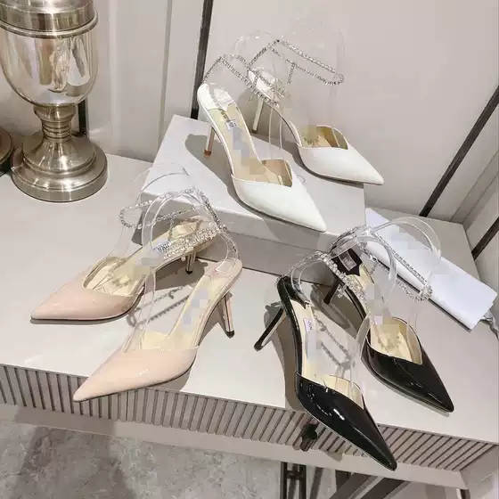 New Jimmy Chain Rhinestone One-Line Toe Sandals Women's Stiletto Pointed Toe Flats High Heels Sand