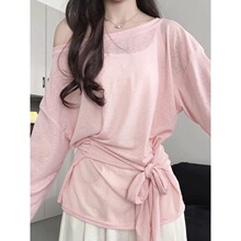 粉色绑带慵懒罩衫女夏季新款宽松T恤薄款设计感微透防晒外穿上衣
