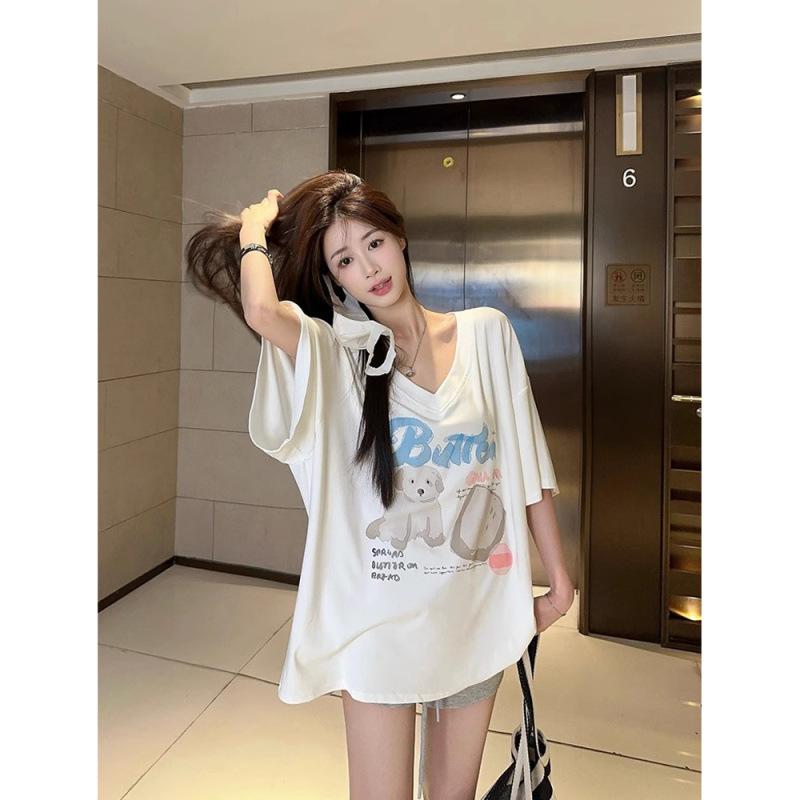 Cartoon Printed Short-sleeved T-shirt Women's Summer New Sweet Lazy Style Loose Casual Age-reducing V-neck Top Trendy Chic