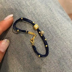 时尚藏蓝三条手搓编织手绳女简约小金块手链小众设计高颜值手饰