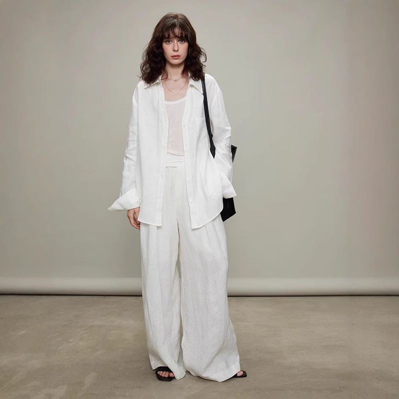 Th~ Row White Linen Suit Lazy and Comfortable Old Money 100 Linen Sun Protection Long-Sleeved Shirt/Casual Pants Set