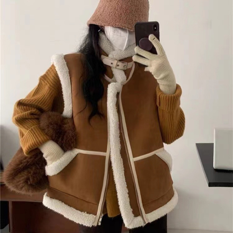 Lamb Wool & Faux Fur Vest Coat for Women - 2025 Autumn New Arrival Korean Style Loose Student One-Piece Plush Vest