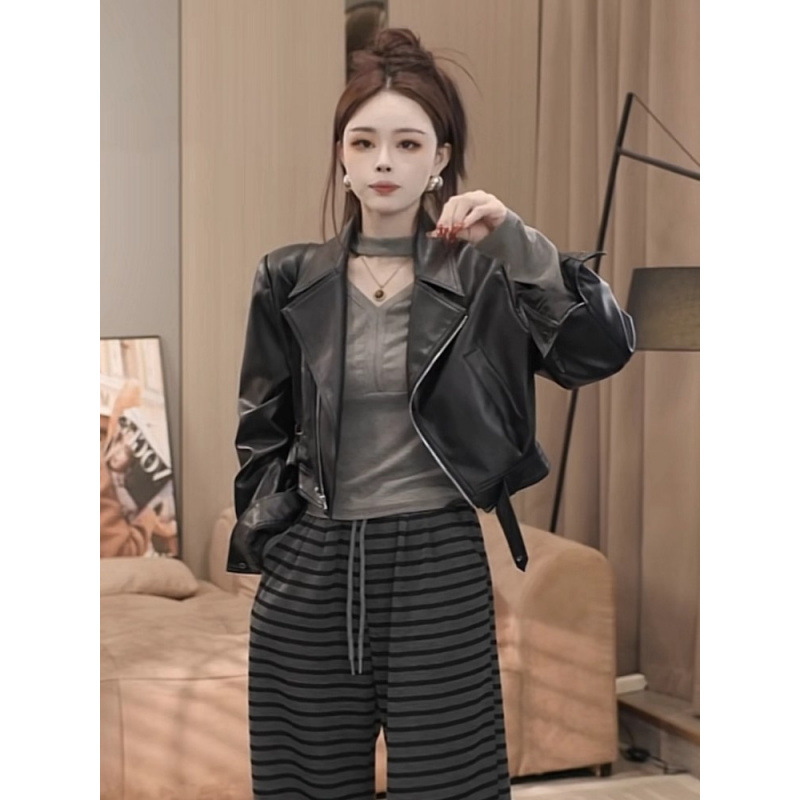 Black Leather Jacket Women's Short Style Petite 2025 Spring and Autum Retro Motorcycle Jacket Hong Kong Style Pu Leather Jacket