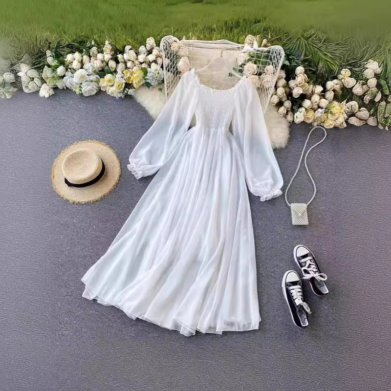 2026 New Style Sanya Seaside Vacation Dress, Large White Chiffon Beach Dress with a High-End Feel, Extra-Long Dress