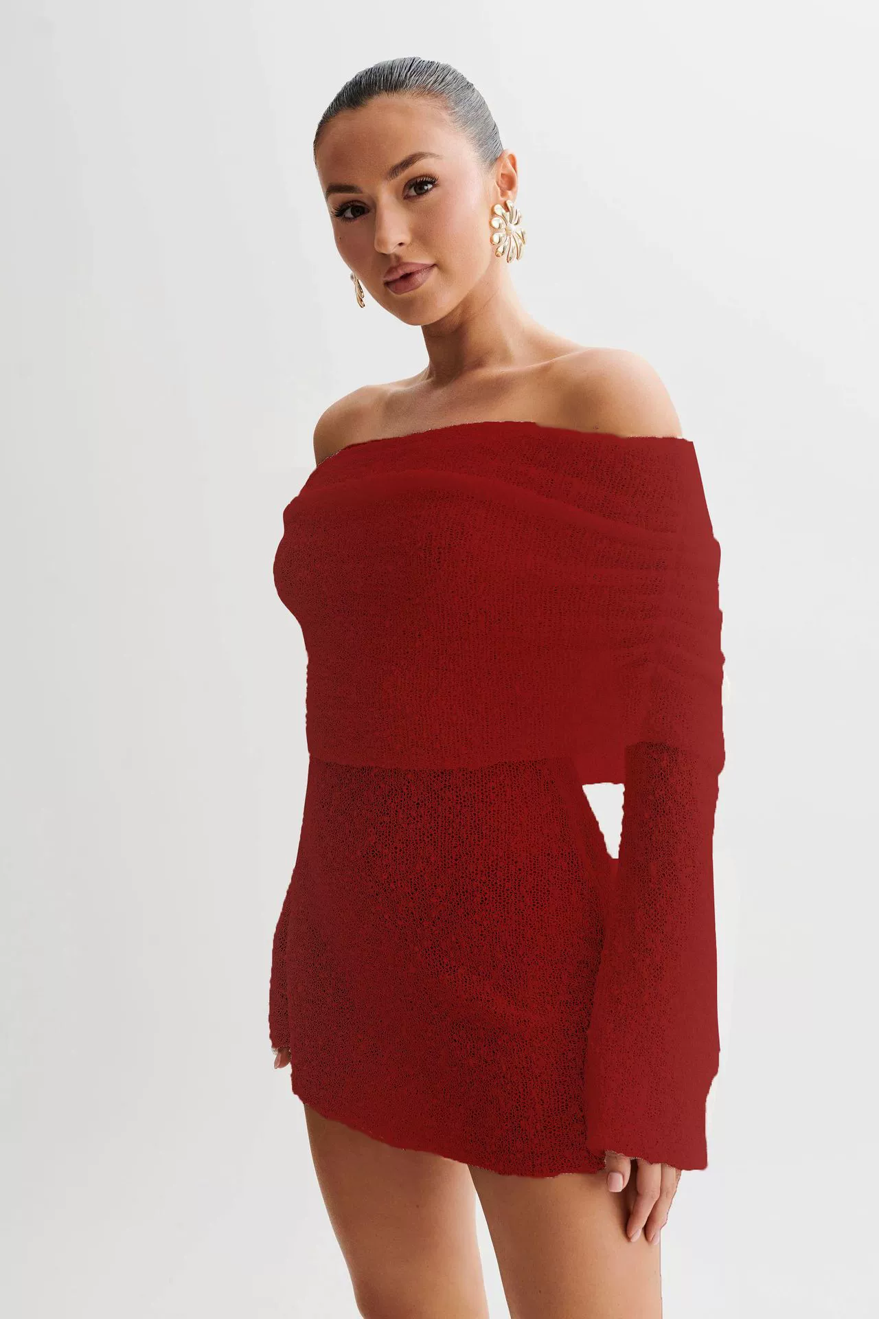 Вязаное короткое пляжное платье для женщин, открытые плечи, длин sleeves, европейский стиль, сексуальное мини
