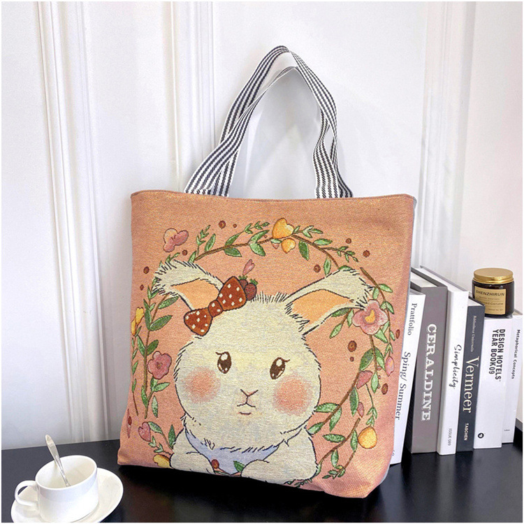 189g Weight Polyester Lining Material Zipper Closure Type Double Shoulder Straps Strap Type Tote Bag Bags Type Casual, Daily Occasion Linen Material Animal Pattern All Seasons Season Women's Gender Cute Style Square Shape Women's Linen Animal Cute Square Zipper Tote Bag 22