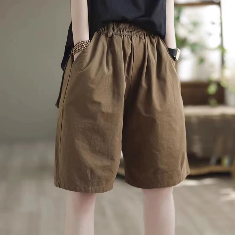 Шорты женские 2024 летние тонкие свободные облегающие укороченные брюки в западном стиле, однотонные дышащие повседневные широкие брюки