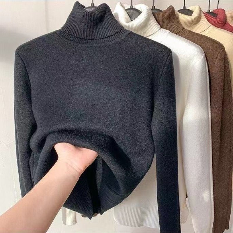 Fleece-lined, thick, slim-fit, warm sweater with integrated fleece, high-neck base shirt, new stylish knitted top for women in winter
