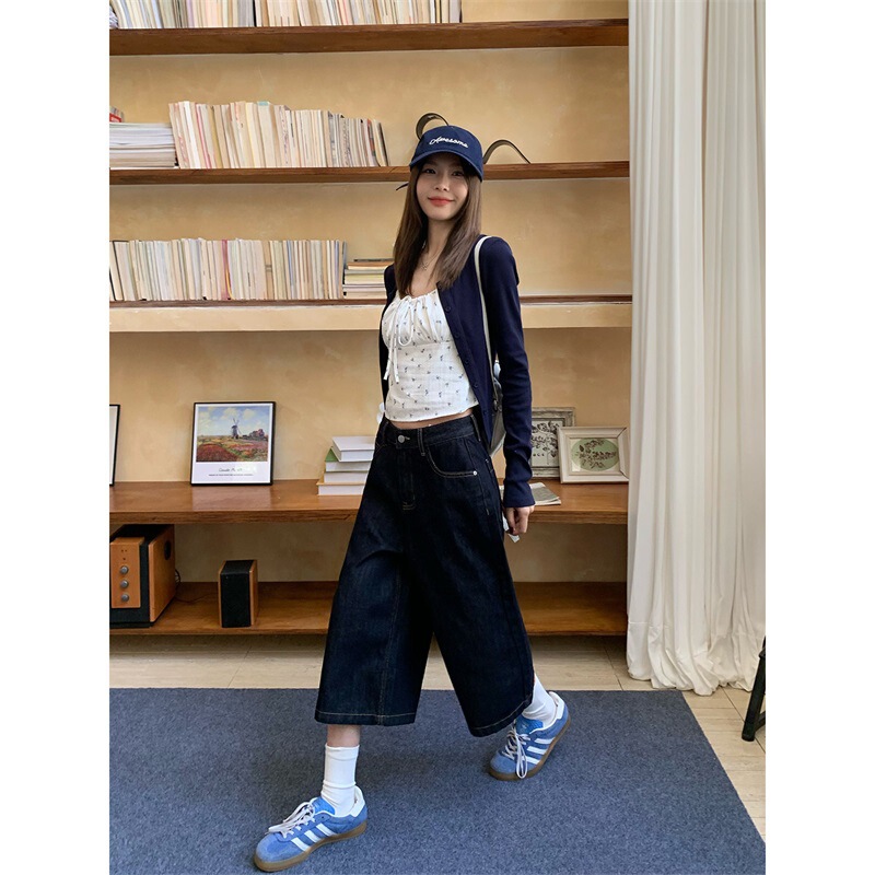 Dark Blue Loose-Fitting Women's Denim Capri Pants 2026 Summer Trendy New American Style Slimming Straight Mid-Length Pants
