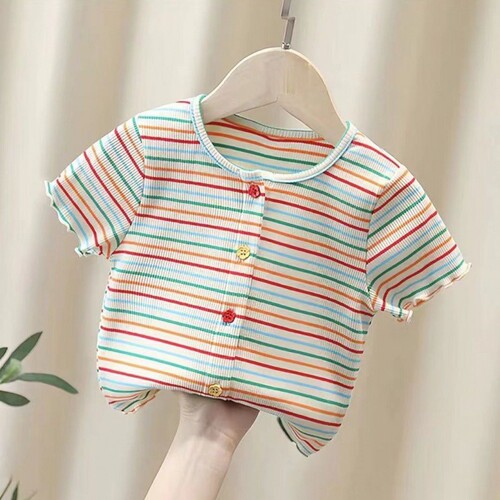 Girls' Short-Sleeve T-Shirt Summer Children Striped Fresh Street Style Baby Girls' Short-Sleeve Thin Top