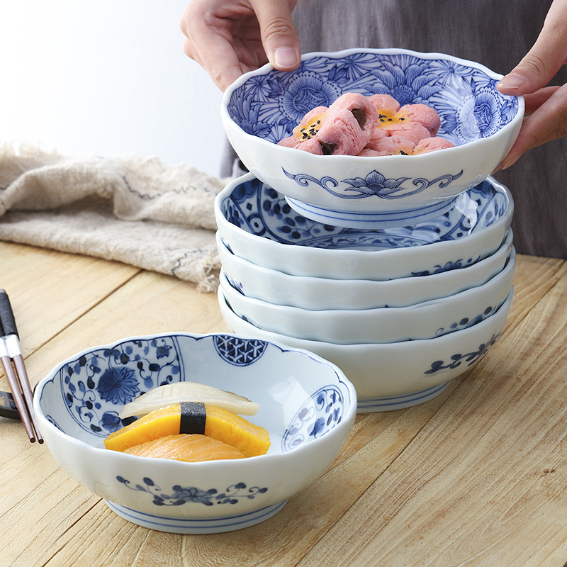 Japanese imported blue Lintang ceramic plate tableware underglaze Japanese salad fruit plate deep bowl snack dessert bowl