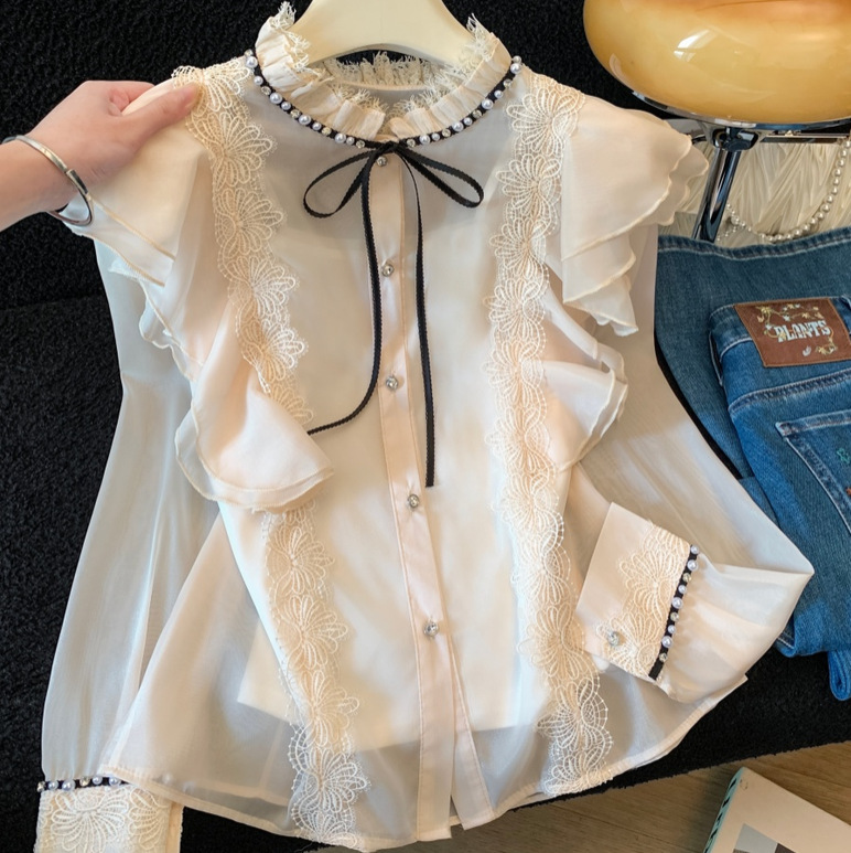 Commuter OL style, tie-front chiffon blouse with rhinestone and pearl embroidery, eyelash lace patchwork, white-collar work shirt Commuter OL style, tie-front chiffon blouse with rhinestone and pearl embroidery, eyelash lace patchwork, white-collar work shirt