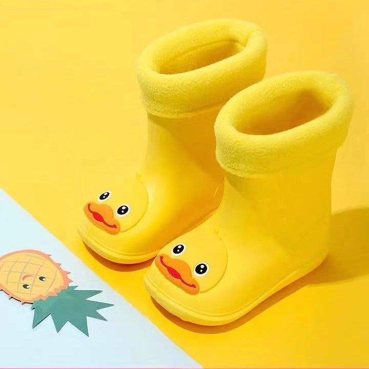 Children's Rain Boots Little Yellow Duck Non-Slip Waterproof Shoes for Male and Female Students Kidsren and Toddlers Baby Warm Rain Boots Winter Fleece-Lined