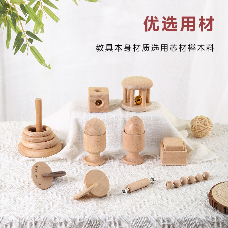 Material didáctico Montessori, kit sensorial de madera de haya para la coordinación ojo-mano, juguete educativo con cuentas, anillos, huevera