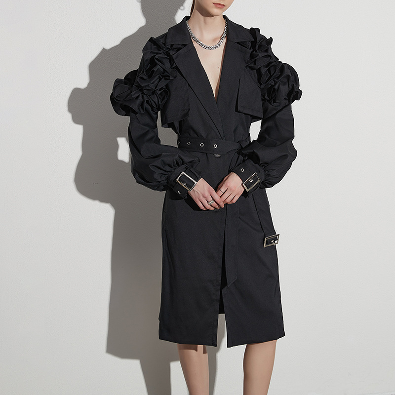 European and American Style 2026 Spring New High-End Pleated Patchwork Puff Sleeve Waist-Cinching Mid-Length Solid Color Coat Trench Coat