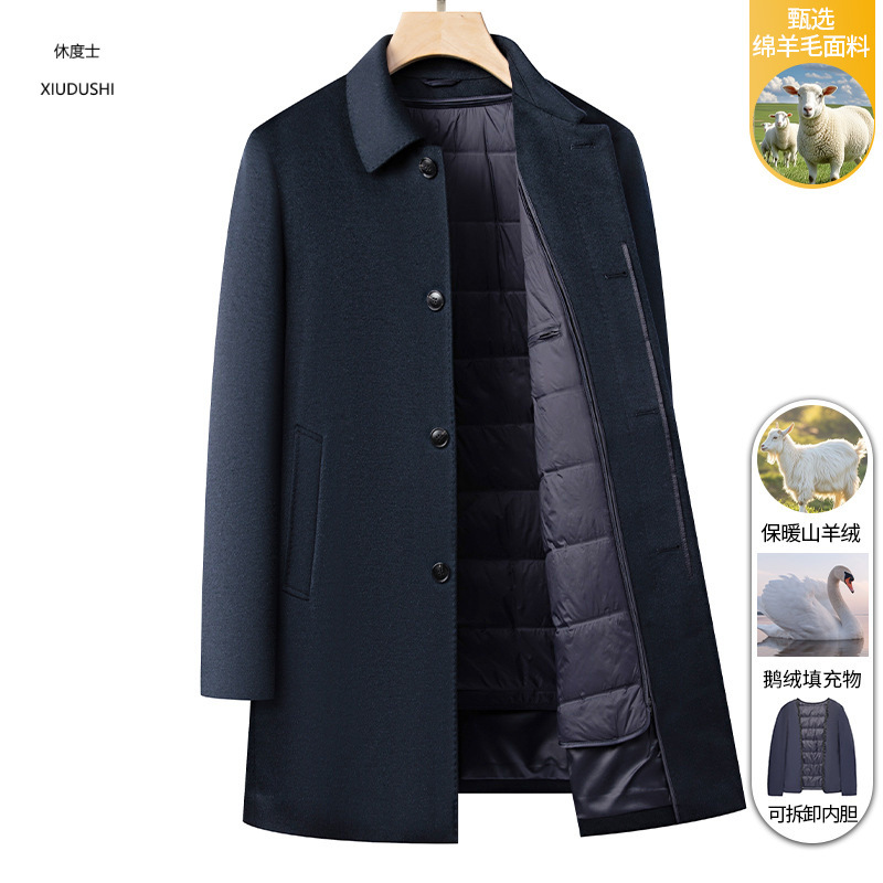 2025 Winter Men's Mid-Length Cashmere Wool Coat with Goose Down Lining, Business Style.