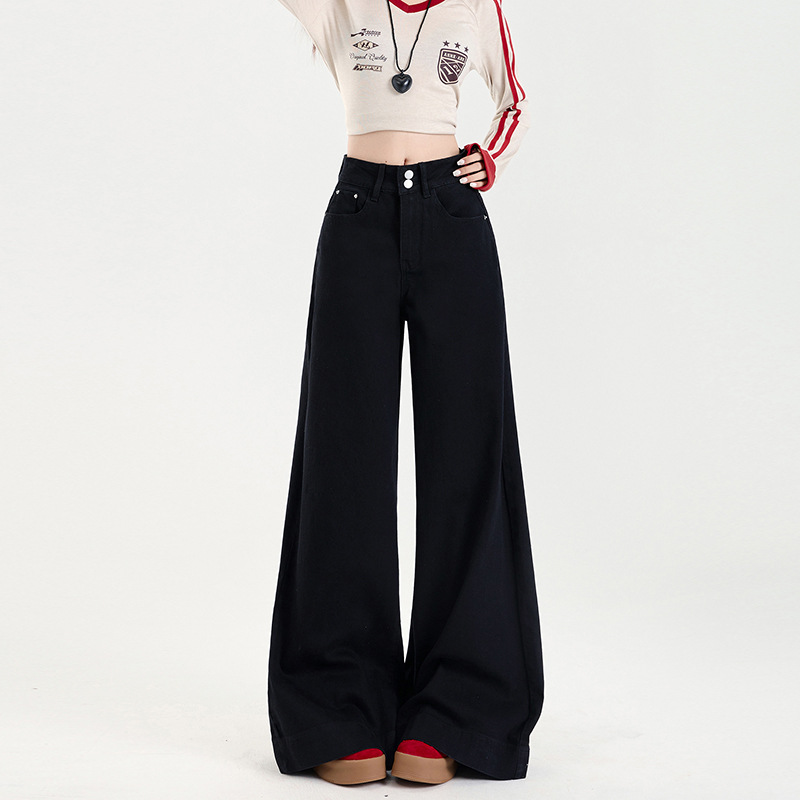 Black Wide-Leg Flared Jeans for Women, Autumn 2026 New Style, High-Waisted, Loose Fit, Non-Tight, Floor-Length Bell-Bottom Pants