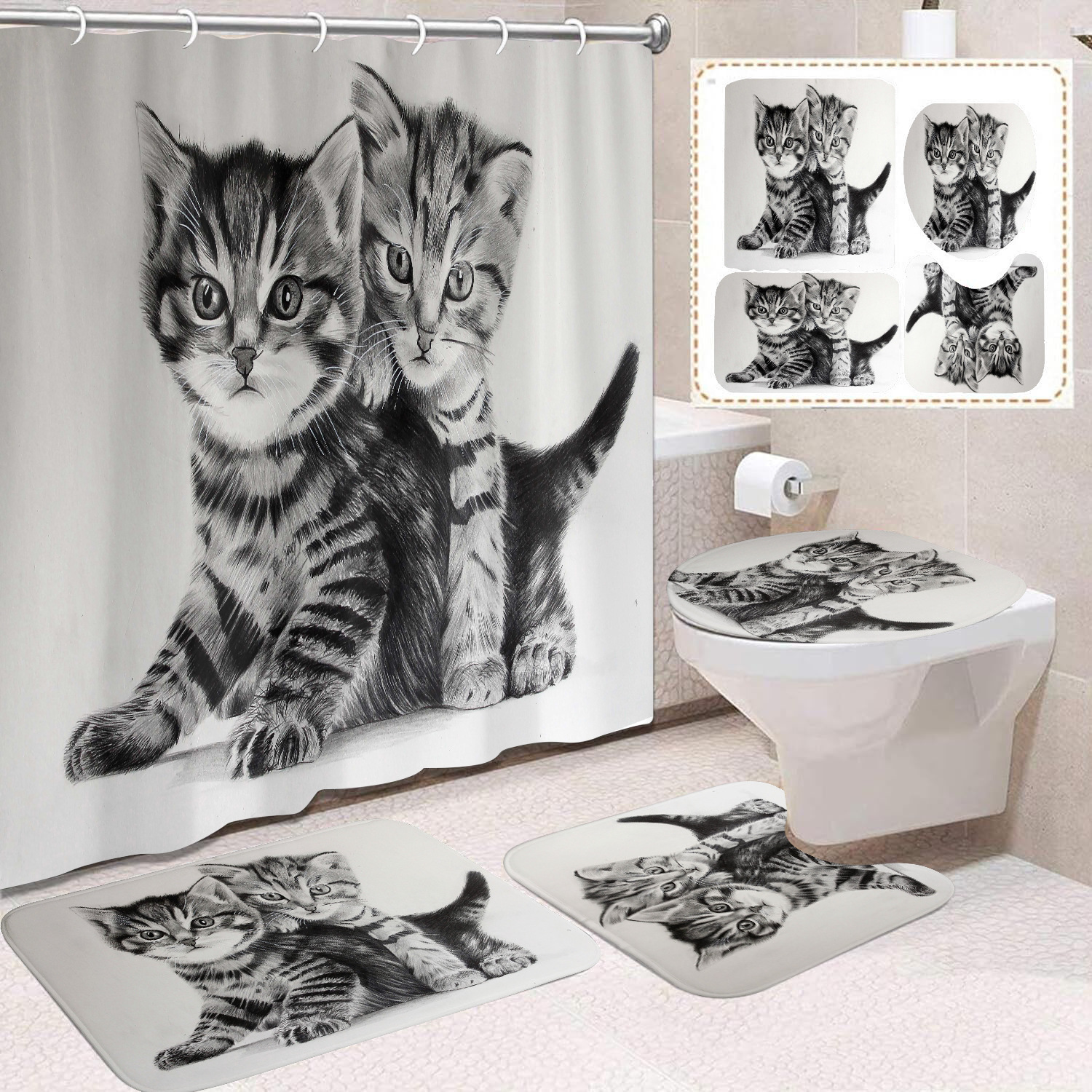 Fuente de fabricantes Amazon animales gatos niños cortina de ducha impermeable a prueba de moho cortina de ducha inodoro partición de baño divertido